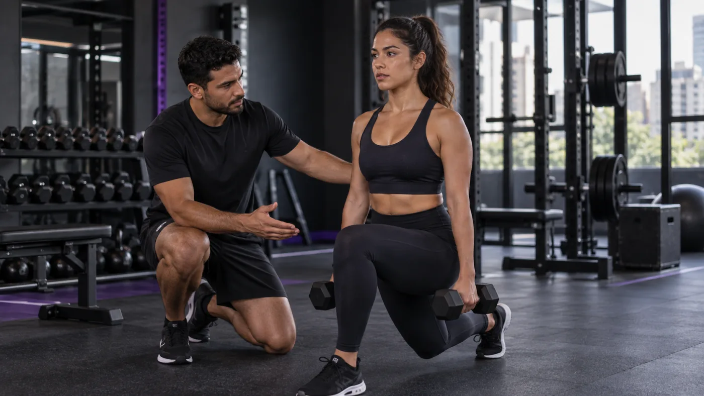 Personal trainer orientando uma aluna durante um exercício com halteres na academia